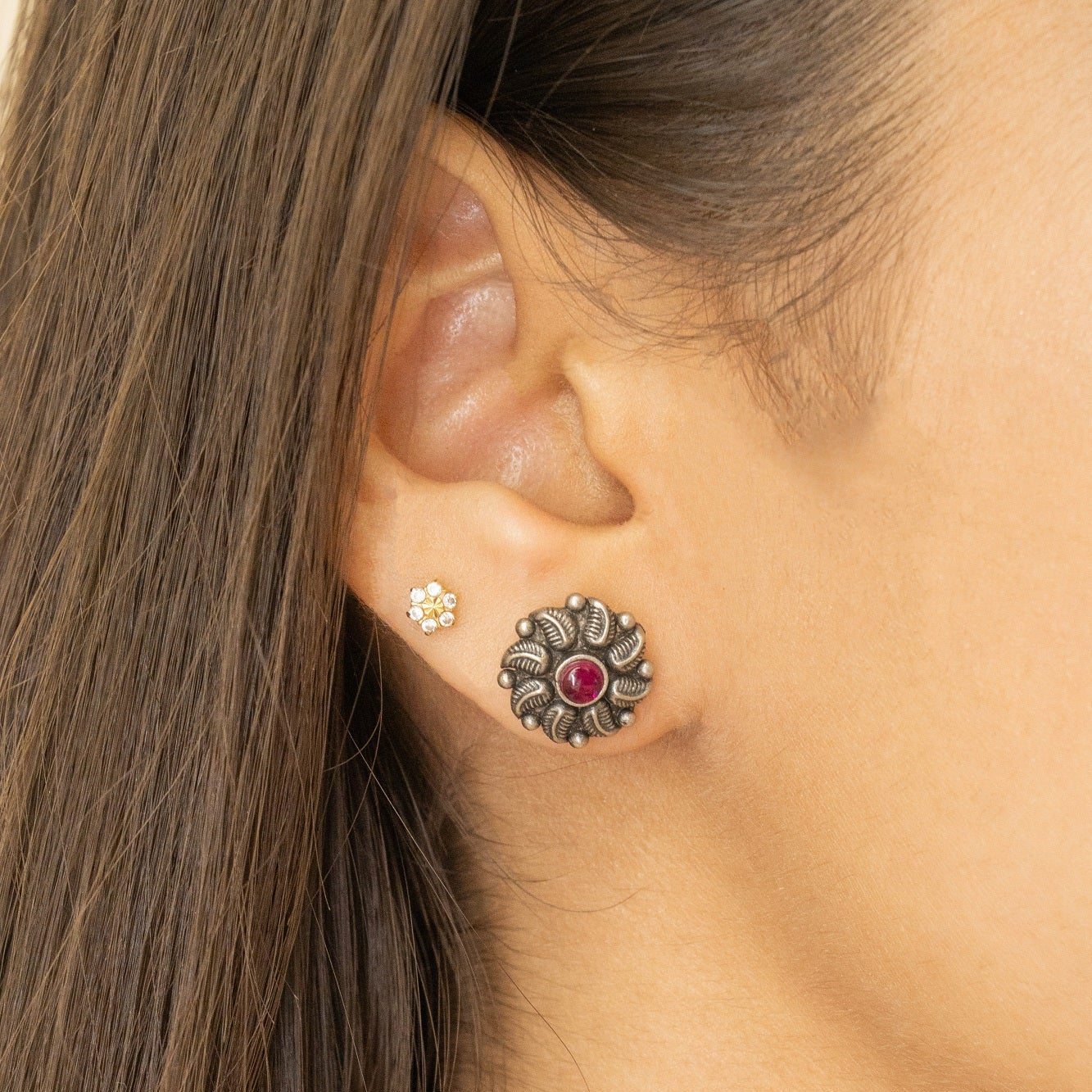 Rajmoti Silver Oxidised Stud Earring